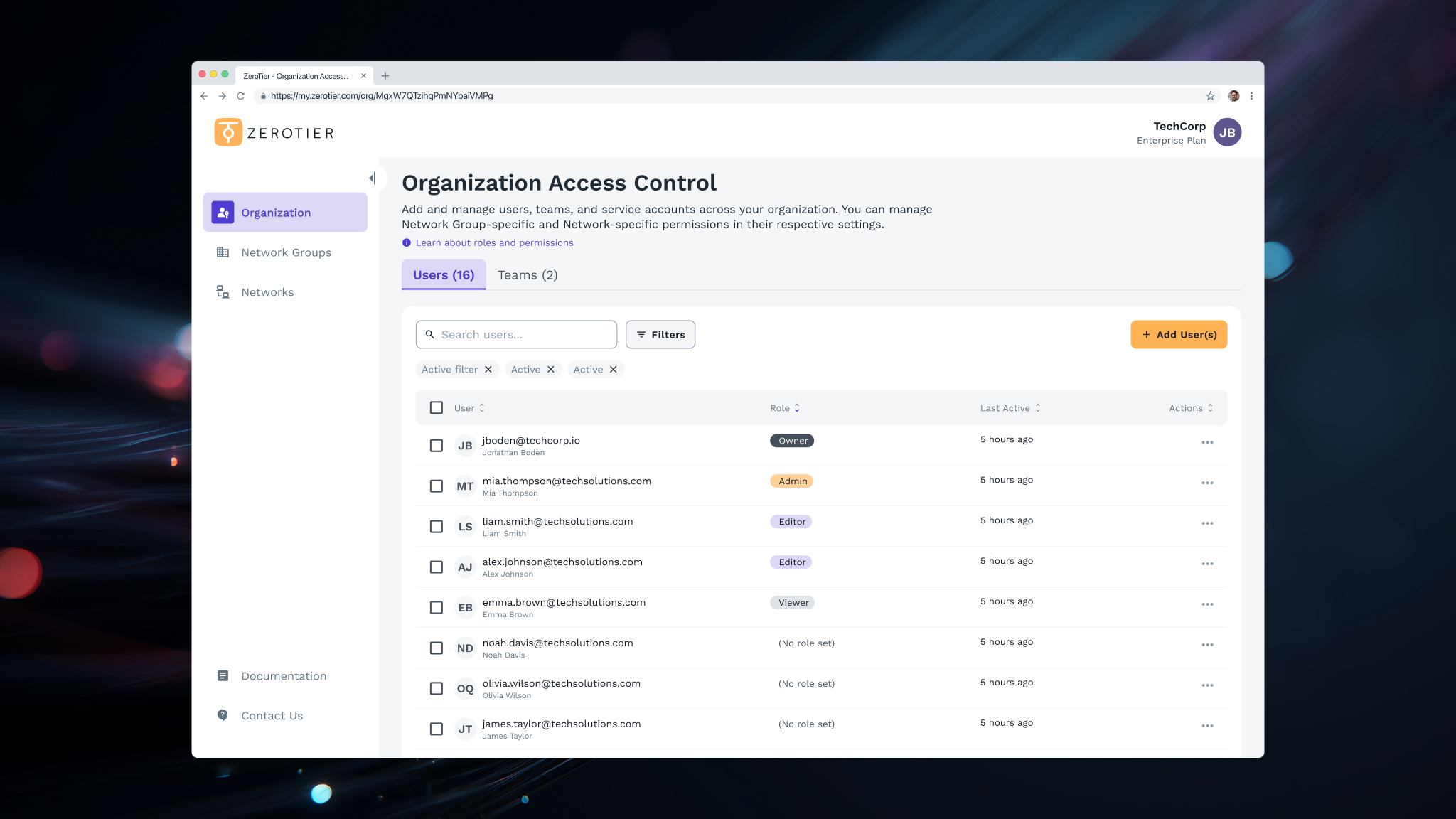 ZeroTier Central organization access control panel showing user roles and permissions for secure network management.