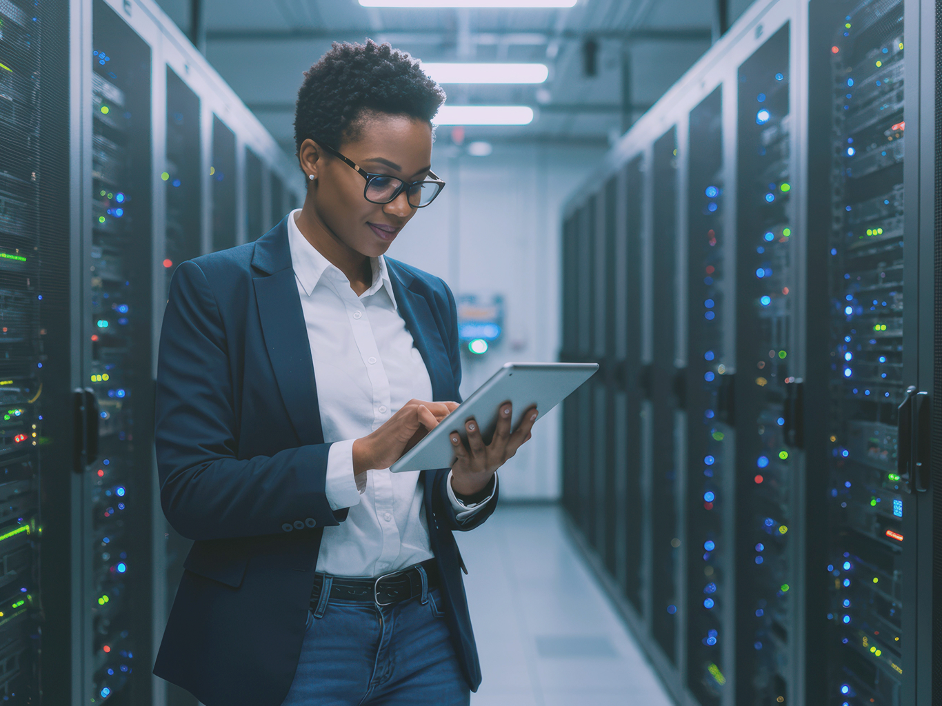 IT engineer using a tablet in a data center server aisle, symbolizing secure, remote infrastructure management and Hybrid Cloud connectivity.