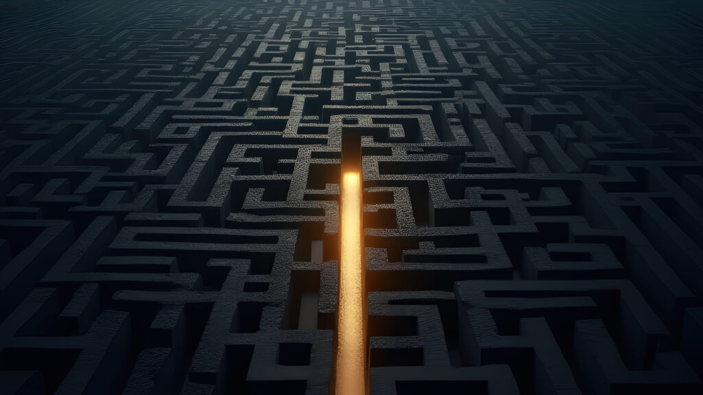 A maze with a gold line running through to signify networking.