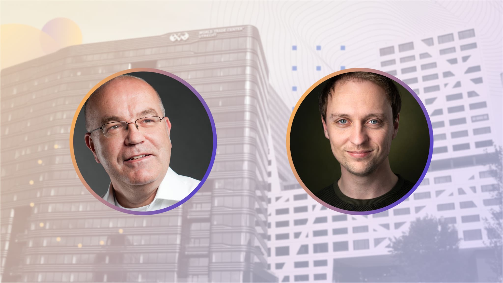 Headshots of two experts (Gerard & Adam) with ZeroTier logo, promoting an SD-WAN and Zero Trust event at World Trade Center.