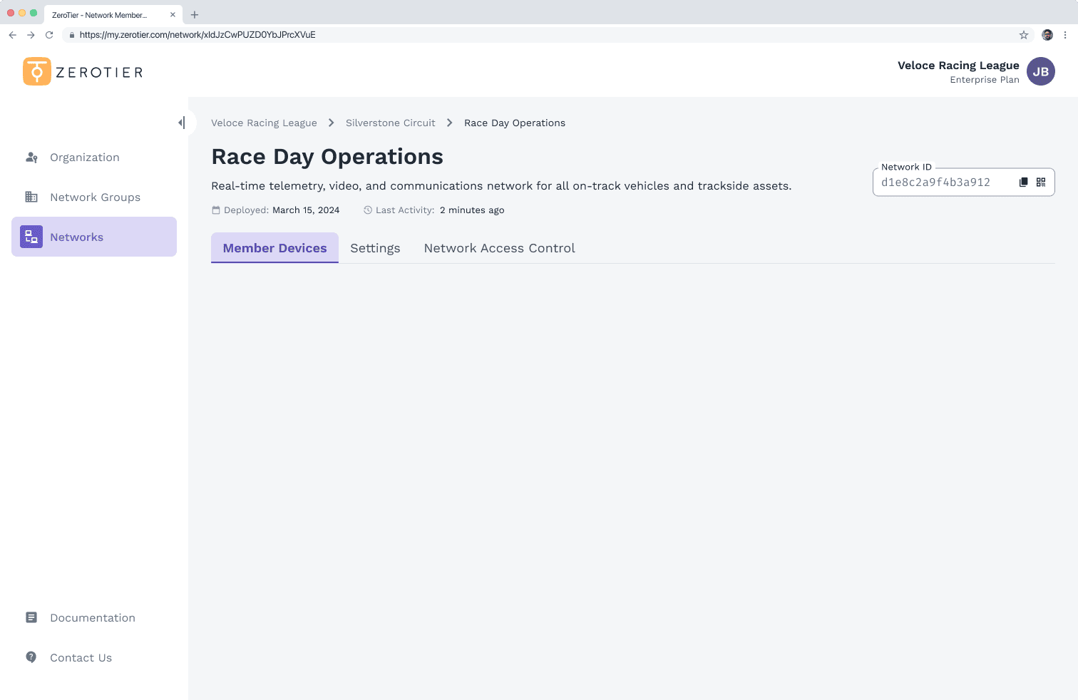 ZeroTier dashboard for Veloce Racing League: Race Day Operations network, deployed for telemetry and communications.