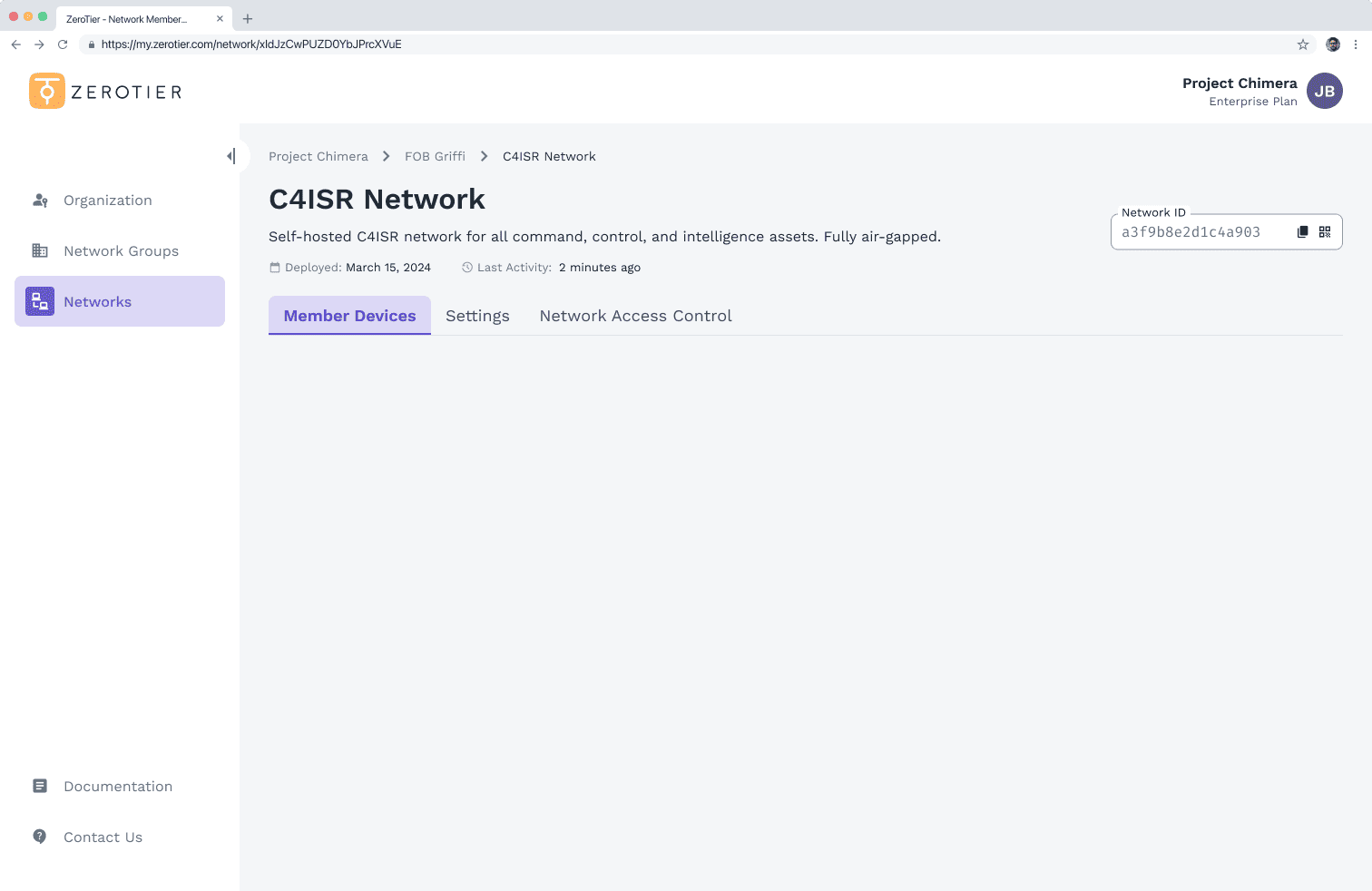 A screenshot of the ZeroTier network management dashboard showing the details for the "C4ISR Network." The description states it is a "Self-hosted C4ISR network for all command, control, and intelligence assets. Fully air-gapped." The Network ID is a3f9b8e2d1c4a983.