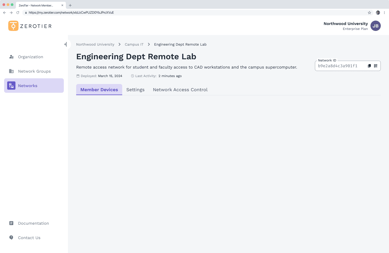 ZeroTier Central Enterprise Plan screenshot for the "Engineering Dept Remote Lab" network, highlighting Member Devices and Network Access Control tabs.