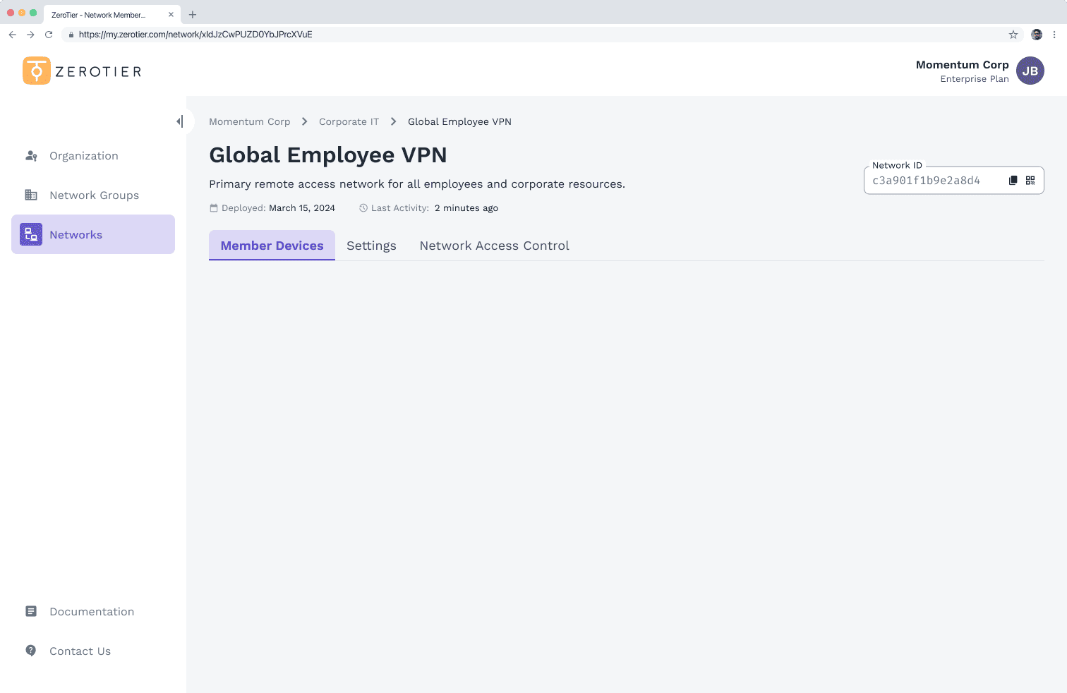 ZeroTier Central interface for "Global Employee VPN," showing network settings and centralized access control management.