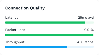 ZeroTier connection quality metrics showing 25ms latency and 450 Mbps throughput.
