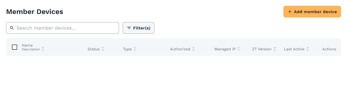 ZeroTier "Member Devices" dashboard table for managing virtual network nodes, showing status, type, and authorization details.