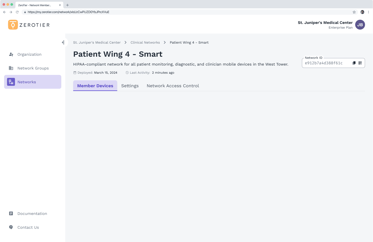 ZeroTier console managing the "Patient Wing 4 - Smart" clinical network, ensuring HIPAA-compliant connectivity for patient monitoring and medical devices.