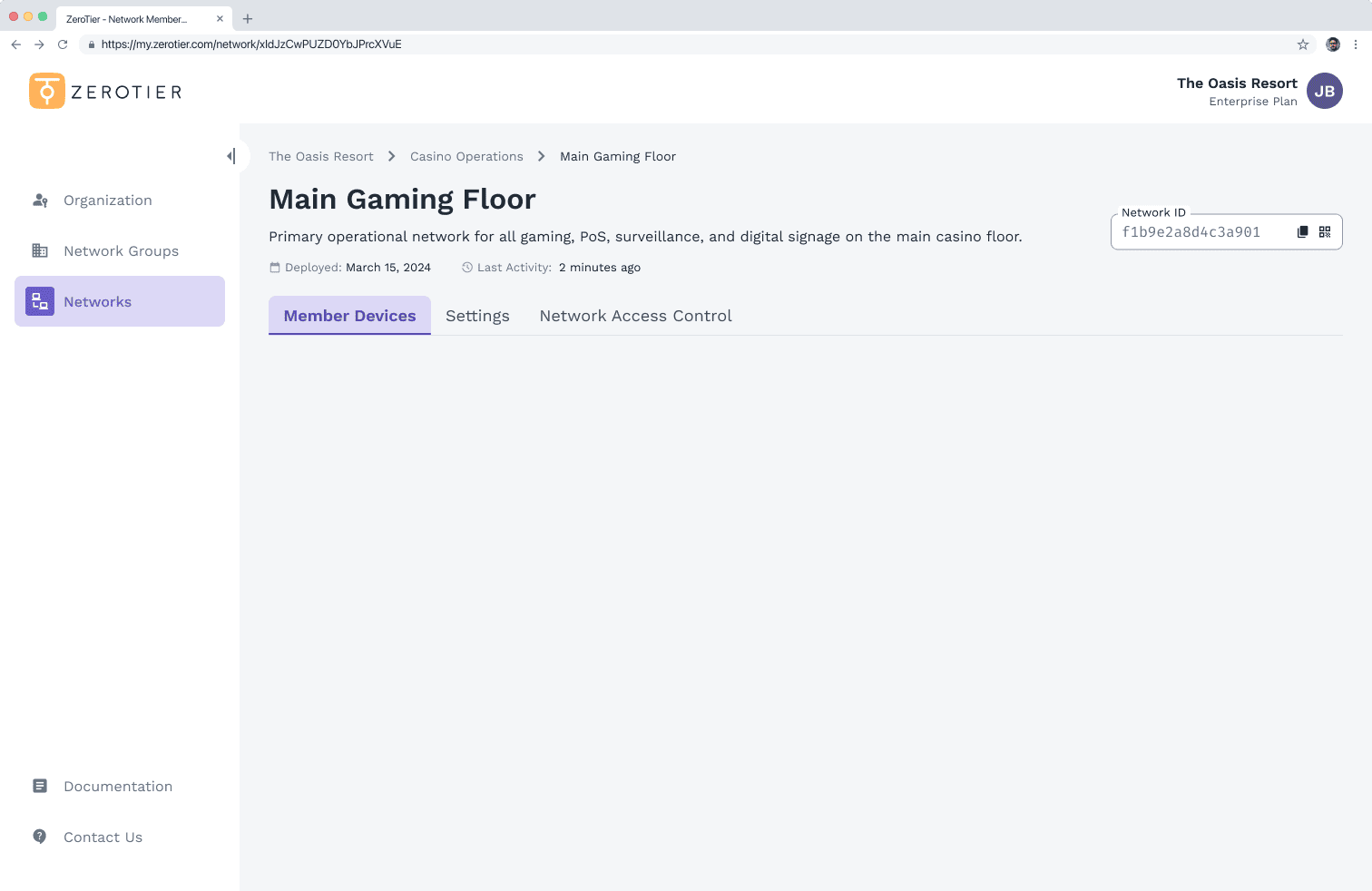 Screenshot of the ZeroTier network console managing the "Main Gaming Floor" for a casino, used for PoS, surveillance, and gaming systems.