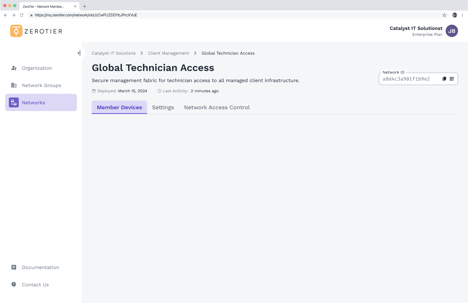 ZeroTier UI screenshot showing the Global Technician Access dashboard for secure, granular access control and Zero Trust network management of client infrastructure.
