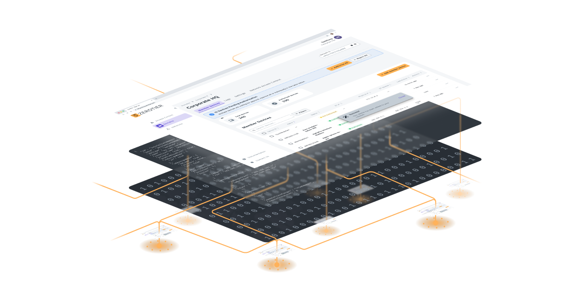 ZeroTier network virtualization diagram showing the Central UI layer over raw data/binary layers connected to multiple physical devices.